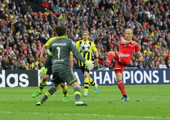 Dortmund s Roman Weidenfeller saves from Munich s Arjen Robben - Borussia Dortmund vs Bayern Munich - UEFA Champions League Final - Wembley Stadium - London - England -25 05 2013 - EDITORIAL USE ONLY. No use with unauthorised audio, video, data, fixture lists, club league logos or live services. Online in-match use limited to 120 images, no video emulation. No use in betting, games or single club league player publications.