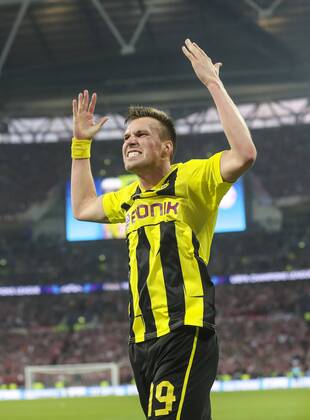Kevin GROSSKREUTZ, Nr. 19 BVB Emotionen, Gefühle, Reaktion, Wut, wütend, schrei, Wutausbruch, Aktion Jubel, Freude, Emotionen, Feiern, Lachen, jubelt, freuen, reisst die Arme hoch, ballt die Faust 1-1 FC BAYERN MÜNCHEN - BORUSSIA DORTMUND (2 -1 ) Fussball UEFA Champions League, Finale, im Wembley Stadion London am 25.05.2013 CL Saison 2012 2013, FCB, München, BVB