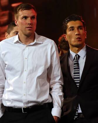 Kevin GROSSKREUTZ, Nr. 19 BVB, Nuri SAHIN, 18 BVB Emotionen, enttäuscht, Enttäuschung, Frust, frustriert, Trauer ,traurig, verzweifelt, Verzweiflung bei der BVB Party im Natural History Museum (Naturhistorisches Museum) FC BAYERN MÜNCHEN - BORUSSIA DORTMUND ( 2- 1) Fussball UEFA Champions League, Finale, im Wembley Stadion London am 25.05.2013 CL Saison 2012 2013, FCB, München, BVB