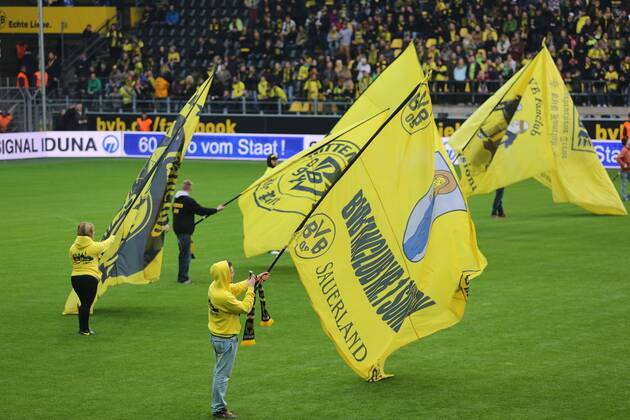 Die Fussballer von Borussia Dortmund werden von den Fans im Signal Iduna Park in Dortmund empfangen. Der BVB hatte am Vortag das Finale der Champions League mit 1:2 gegen Bayern München verloren. Fahnenschwenker im Stadion Empfang von Borussia Dortmund
