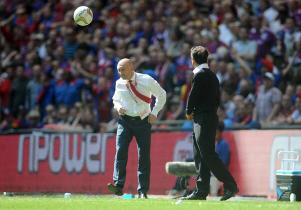 Football : Championship play-off final Crystal Palace v Watford Wembley Ian Holloway - Palace Manager heads the ball back into play As Gianfranco Zola watches
