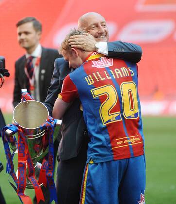 Football : Championship play-off final Crystal Palace Wembley Ian Holloway - Palace Manager celebrates with Jonathan Williams and the trophy