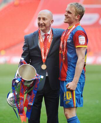 Football : Championship play-off final Crystal Palace Wembley Ian Holloway - Palace Manager celebrates with Jonathan Williams and the trophy