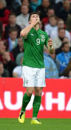 Shane Long of Ireland celebrates scoring the first goal - International Friendly - England vs Republic of Ireland - Wembley Stadium - London - England - 29 05 13 - Picture Simon Bellis Sportimage EDITORIAL USE ONLY. No use with unauthorised audio, video, data, fixture lists, club league logos or live services. Online in-match use limited to 120 images, no video emulation. No use in betting, games or single club league player publications.