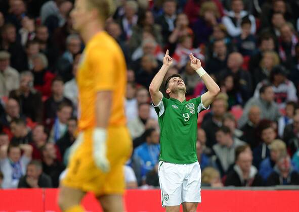 Shane Long of Ireland celebrates scoring the first goal - International Friendly - England vs Republic of Ireland - Wembley Stadium - London - England - 29 05 13 - Picture Simon Bellis Sportimage EDITORIAL USE ONLY. No use with unauthorised audio, video, data, fixture lists, club league logos or live services. Online in-match use limited to 120 images, no video emulation. No use in betting, games or single club league player publications.