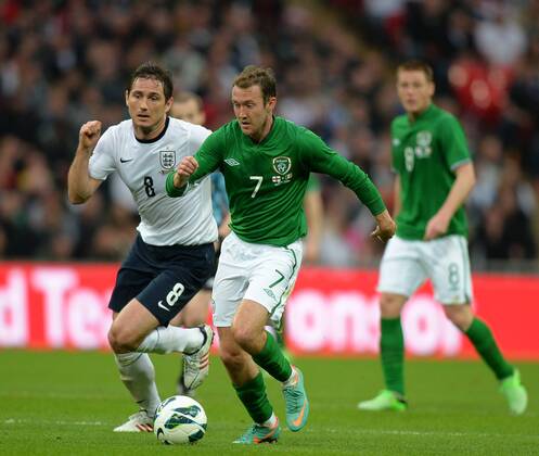 Frank Lampard of England looses out to Aiden McGready of Ireland - International Friendly - England vs Republic of Ireland - Wembley Stadium - London - England - 29 05 13 - Picture Simon Bellis Sportimage EDITORIAL USE ONLY. No use with unauthorised audio, video, data, fixture lists, club league logos or live services. Online in-match use limited to 120 images, no video emulation. No use in betting, games or single club league player publications.