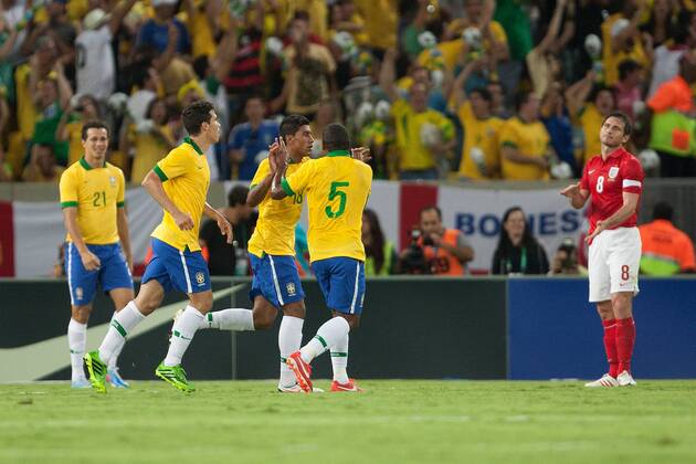 Football - International Friendly - Brazil vs. England Paulinho of Brazil celebrates equalising at 2-2 at the Maracana Stadium, Rio de Janeiro