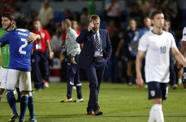 England s Stuart Pearce looks on dejected at the final whistle - England U21 vs Italy U21 - UEFA U21 Championship 2013 - Bloomfield Stadium - Tel Aviv - 05 06 2013 - EDITORIAL USE ONLY. No use with unauthorised audio, video, data, fixture lists, club league logos or live services. Online in-match use limited to 120 images, no video emulation. No use in betting, games or single club league player publications.