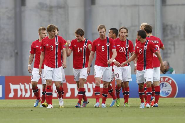 Norway s Fredrik Semb Berge celebrates scoring his sides opening goal - England U21 vs Norway U21 - UEFA U21 Championship 2013 - Ha Moshava Stadium - Petah Tikva - Israel - 08 06 2013 - Pic David Klein Sportimage EDITORIAL USE ONLY. No use with unauthorised audio, video, data, fixture lists, club league logos or live services. Online in-match use limited to 120 images, no video emulation. No use in betting, games or single club league player publications.