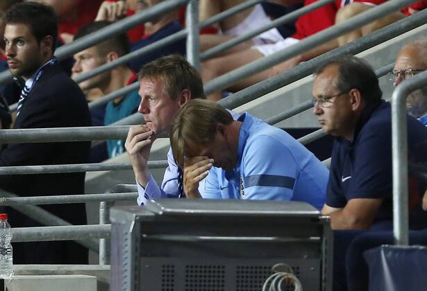 England s Stuart Pearce looks on dejected - England U21 vs Norway U21 - UEFA U21 Championship 2013 - Ha Moshava Stadium - Petah Tikva - Israel - 08 06 2013 - Pic David Klein Sportimage EDITORIAL USE ONLY. No use with unauthorised audio, video, data, fixture lists, club league logos or live services. Online in-match use limited to 120 images, no video emulation. No use in betting, games or single club league player publications.
