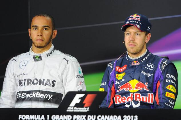 Lewis Hamilton, Mercedes Grand Prix, Sebastian Vettel, Red Bull Racing, PK,formula 1 GP, Kanada in Montreal, 08.06.2013, Photo:mspb Pedicelli Lewis Hamilton, Sebastian Vettel, formula 1 GP, Kanada,
