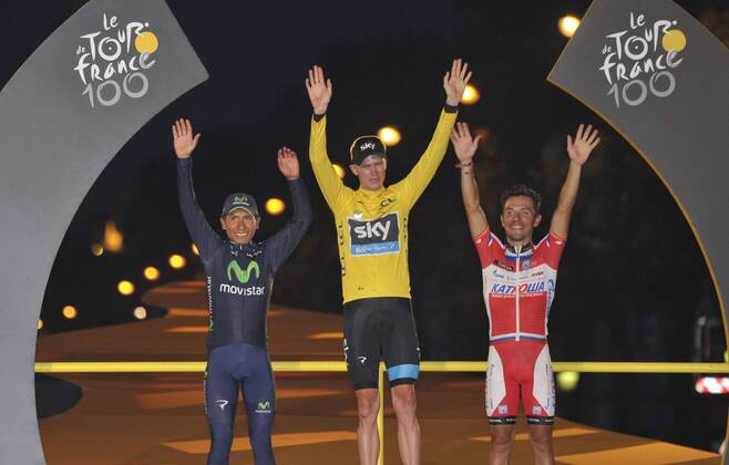 Podium QUINTANA Nairo (COL) of MOVISTAR TEAM - FROOME Christopher (GBR) of SKY PROCYCLING - RODRIGUEZ Joaquim (ESP) of KATUSHA TEAM - Tour de France - Etappe 21 -Versailles Paris Champs Elysees - 21 07 2013 PhotoNews 