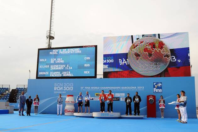Evgeny Kuznetsov, Ilia Zakharov Russia Silver Medal, Kai Qin, Chong He China Gold Medal, Jahir Ocampo, Rommel Pacheco Mexico Bronze Medal Diving Men s 3m Springboard Synchro Final - 23.07.2013, Barcelona - FINA World Championships 2013 - andreaxstaccioli