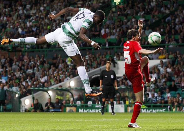 23.07.2013 Celtic Park, Glasgow, Scotland. UEFA Champions League qualification, second leg. Celtic FC Glasgow - Cliftonville FC. New signing Amido Balde wins a header whilst making his home debut xVagelisxGeorgarioux  ActionPlus11431621