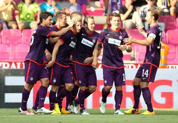 FUSSBALL - CL Quali, A.Wien vs Hafnarfjoerdur WIEN,AUSTRIA,30.JUL.13 - FUSSBALL - UEFA Champions League, Qualifikation, FK Austria Wien vs FH Hafnarfjoerdur. Bild zeigt den Jubel von Philipp Hosiner, Florian Mader, Daniel Royer, Tomas Jun, Marko Stankovic und Manuel Ortlechner (A.Wien). 