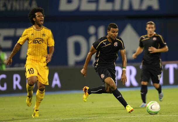 Zagreb, 30.7.2013. - UEFA Champions League 2013 2014, Third Qualifying Round, Stadium Maksimir. GNK Dinamo (blue) - FC Sheriff (yellow). El Arabi Hilal Soudani GNK Dinamo - FC Sheriff
