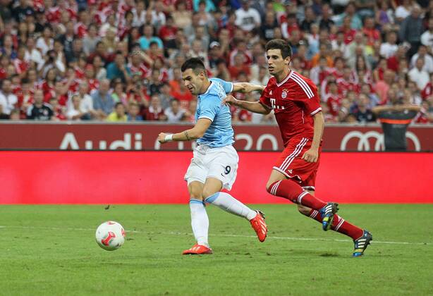 Manchester City s Alvaro Negredo scoring his sides opening goal Bayern Munich v Manchester City - Audi Cup - Allianz Arena - Munich - Germany -01 08 2013 - Pic David Klein Sportimage EDITORIAL USE ONLY. No use with unauthorised audio, video, data, fixture lists, club league logos or live services. Online in-match use limited to 120 images, no video emulation. No use in betting, games or single club league player publications.