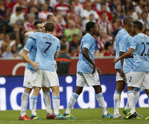 Manchester City s Alvaro Negredo celebrates scoring his sides opening goal Bayern Munich v Manchester City - Audi Cup - Allianz Arena - Munich - Germany -01 08 2013 - Pic David Klein Sportimage EDITORIAL USE ONLY. No use with unauthorised audio, video, data, fixture lists, club league logos or live services. Online in-match use limited to 120 images, no video emulation. No use in betting, games or single club league player publications.