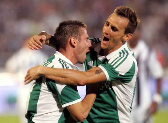 06.08.2013 Belgrade(Serbia) FK Partizan-PFC Ludogorets UEFA Champions League qualify third leg men s football Hristo Zlatinski (L) and Yordan Minev(r) PFC Ludogorets : 