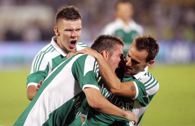 06.08.2013 Belgrade(Serbia) FK Partizan-PFC Ludogorets UEFA Champions League qualify third leg men s football Hristo Zlatinski (L) and Yordan Minev(r) PFC Ludogorets : 