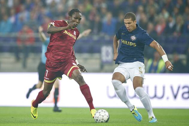 (L-R) Habib Habibou of sv Zulte Waregem, Jeffrey Bruma of PSV SV Zulte Waregem v PSV Qualifier Champions League 2013 2014 xVIxxIVx 1710772