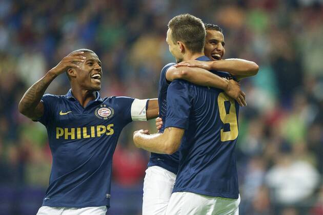 (L-R) Georginio Wijnaldum of PSV, Tim Matavz of PSV, Adam Maher of PSV SV Zulte Waregem v PSV Qualifier Champions League 2013 2014 xVIxxIVx 1710929