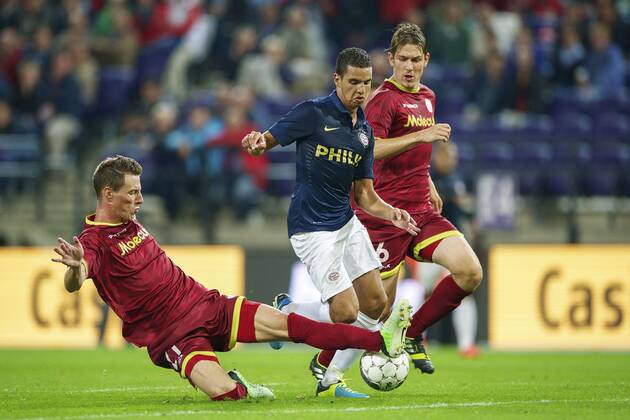 (L-R) Bruno Godeau of sv Zulte Waregem, Adam Maher of PSV, Olafur Ingi Skulason of sv Zulte Waregem SV Zulte Waregem v PSV Qualifier Champions League 2013 2014 xVIxxIVx 1711024