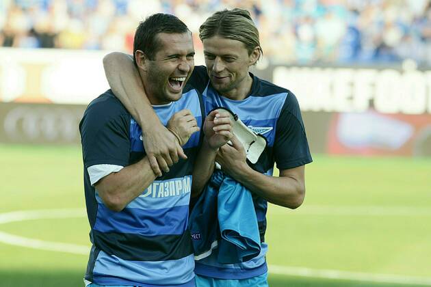 Russia. Saint-Petersburg. 07.08.2013. Soccer. Champions League quali. Zenit - FC Nordsjaelland 5:0. Alexander Kerzhakov and Anatoly Tymoschuk. AndreyxFokin 