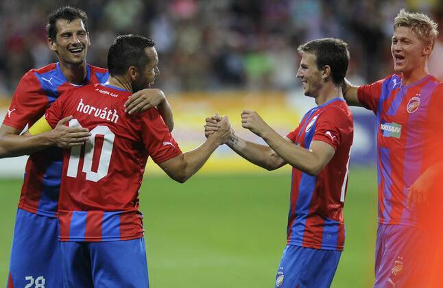 Second leg match of Champions League, 3nd preliminary round, FC Viktoria Plzen vs Nomme Kalju in Pilsen, Czech Republic, August 7, 2013. Pavel Horvath (second from left) of Plzen receives congratulations from teammates to three goals. (CTKxPhoto PetrxEret) CTKPhotoP201308070916401  ert 11