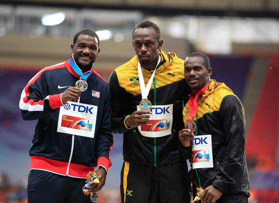 Moskau, Leichtathletik, Athletics, Track and Field, IAAF, Leichtathletik WM Moskau 2013, World Championships moscow, Luzhniki, Moskau, 100m Männer Siegerehrung, Justin Gatlin, Usain Bolt, Nesta Carter