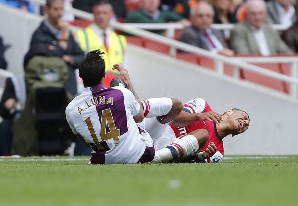 Arsenal s Alex Oxlade-Chamberlain gets caught late by Villa s Antonio Luna - FC Arsenal London v Aston Villa FC - Barclays Premiership - Emirates Stadium - London - England -17 08 2013 - EDITORIAL USE ONLY. No use with unauthorised audio, video, data, fixture lists, club league logos or live services. Online in-match use limited to 120 images, no video emulation. No use in betting, games or single club league player publications.