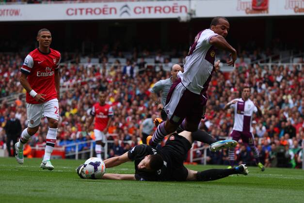Arsenal FC London v Aston Villa . . London, UK . . 17.08.2013 Gabriel Agbonlahor (AV) is pulled down by Wojciech Szczesny(A) to give away a penalty.