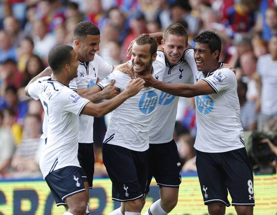 Tottenham s Roberto Soldado celebrates scoring his sides opening goal with Paulinho Crystal Palace v Tottenham Hotspur - Barclays Premiership - Selhurst Park - London - England -18 08 2013 - Pic David Klein Sportimage EDITORIAL USE ONLY. No use with unauthorised audio, video, data, fixture lists, club league logos or live services. Online in-match use limited to 120 images, no video emulation. No use in betting, games or single club league player publications.