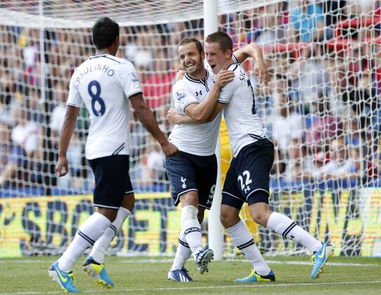 Tottenham s Roberto Soldado celebrates scoring his sides opening goal with Paulinho Crystal Palace v Tottenham Hotspur - Barclays Premiership - Selhurst Park - London - England -18 08 2013 - Pic David Klein Sportimage EDITORIAL USE ONLY. No use with unauthorised audio, video, data, fixture lists, club league logos or live services. Online in-match use limited to 120 images, no video emulation. No use in betting, games or single club league player publications.