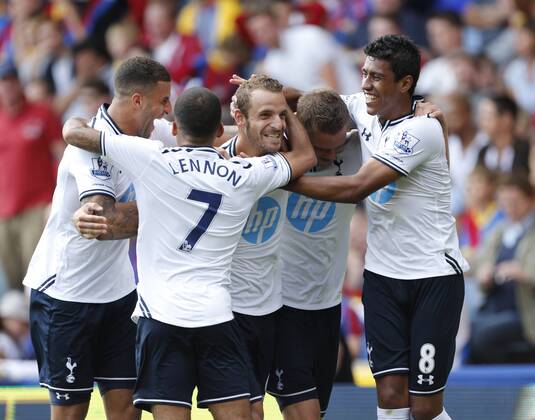 Tottenham s Roberto Soldado celebrates scoring his sides opening goal with Paulinho Crystal Palace v Tottenham Hotspur - Barclays Premiership - Selhurst Park - London - England -18 08 2013 - Pic David Klein Sportimage EDITORIAL USE ONLY. No use with unauthorised audio, video, data, fixture lists, club league logos or live services. Online in-match use limited to 120 images, no video emulation. No use in betting, games or single club league player publications.