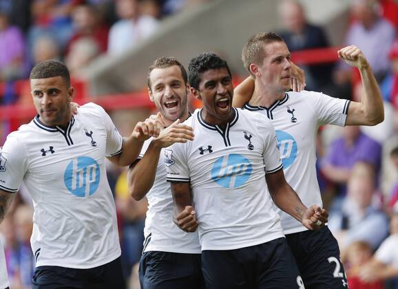 Tottenham s Roberto Soldado celebrates scoring his sides opening goal with Paulinho Crystal Palace v Tottenham Hotspur - Barclays Premiership - Selhurst Park - London - England -18 08 2013 - Pic David Klein Sportimage EDITORIAL USE ONLY. No use with unauthorised audio, video, data, fixture lists, club league logos or live services. Online in-match use limited to 120 images, no video emulation. No use in betting, games or single club league player publications.