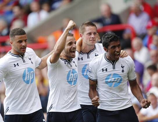 Tottenham s Roberto Soldado celebrates scoring his sides opening goal with Paulinho Crystal Palace v Tottenham Hotspur - Barclays Premiership - Selhurst Park - London - England -18 08 2013 - Pic David Klein Sportimage EDITORIAL USE ONLY. No use with unauthorised audio, video, data, fixture lists, club league logos or live services. Online in-match use limited to 120 images, no video emulation. No use in betting, games or single club league player publications.