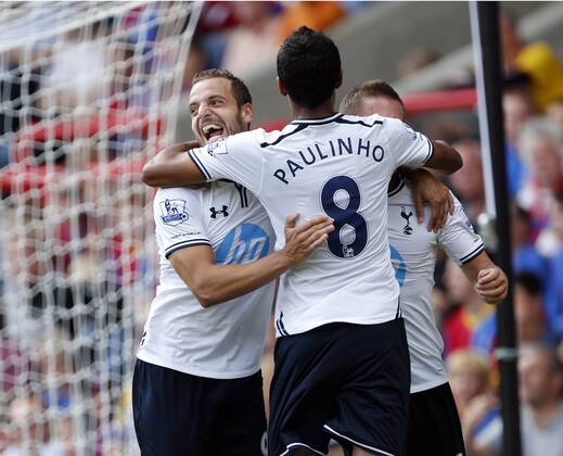Tottenham s Roberto Soldado celebrates scoring his sides opening goal with Paulinho Crystal Palace v Tottenham Hotspur - Barclays Premiership - Selhurst Park - London - England -18 08 2013 - Pic David Klein Sportimage EDITORIAL USE ONLY. No use with unauthorised audio, video, data, fixture lists, club league logos or live services. Online in-match use limited to 120 images, no video emulation. No use in betting, games or single club league player publications.
