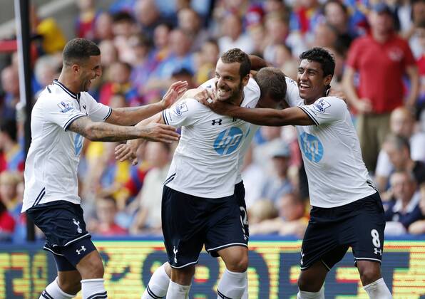 Tottenham s Roberto Soldado celebrates scoring his sides opening goal with Paulinho Crystal Palace v Tottenham Hotspur - Barclays Premiership - Selhurst Park - London - England -18 08 2013 - Pic David Klein Sportimage EDITORIAL USE ONLY. No use with unauthorised audio, video, data, fixture lists, club league logos or live services. Online in-match use limited to 120 images, no video emulation. No use in betting, games or single club league player publications.