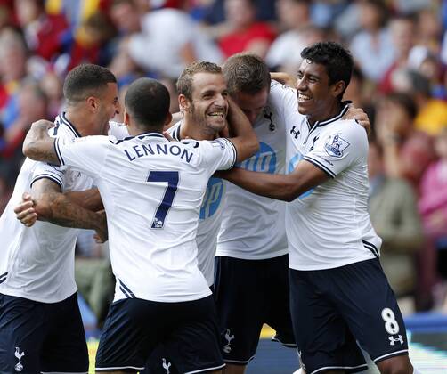 Tottenham s Roberto Soldado celebrates scoring his sides opening goal with Paulinho Crystal Palace v Tottenham Hotspur - Barclays Premiership - Selhurst Park - London - England -18 08 2013 - Pic David Klein Sportimage EDITORIAL USE ONLY. No use with unauthorised audio, video, data, fixture lists, club league logos or live services. Online in-match use limited to 120 images, no video emulation. No use in betting, games or single club league player publications.