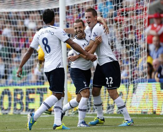 Tottenham s Roberto Soldado celebrates scoring his sides opening goal with Paulinho Crystal Palace v Tottenham Hotspur - Barclays Premiership - Selhurst Park - London - England -18 08 2013 - Pic David Klein Sportimage EDITORIAL USE ONLY. No use with unauthorised audio, video, data, fixture lists, club league logos or live services. Online in-match use limited to 120 images, no video emulation. No use in betting, games or single club league player publications.