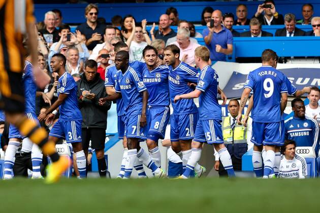 Frank Lampard of Chelsea celebrates scoring his team s 2nd goal - Chelsea v Hull City - Premier League - Stamford Bridge - London - 18th August 2013 - Pic Charlie Forgham-Bailey Sportimage EDITORIAL USE ONLY. No use with unauthorised audio, video, data, fixture lists, club league logos or live services. Online in-match use limited to 120 images, no video emulation. No use in betting, games or single club league player publications.