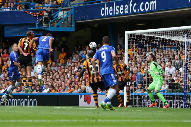 Branislav Ivanovic of Chelsea comes close to scoring but is denied by an acrobatic Allan McGregor goalkeeper of Hull City - Chelsea v Hull City - Premier League - Stamford Bridge - London - 18th August 2013 - Pic Charlie Forgham-Bailey Sportimage EDITORIAL USE ONLY. No use with unauthorised audio, video, data, fixture lists, club league logos or live services. Online in-match use limited to 120 images, no video emulation. No use in betting, games or single club league player publications.