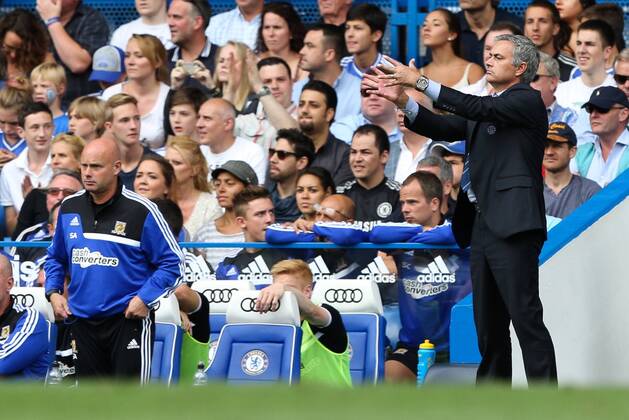 Chelsea Manager Jose Mourinho - Chelsea v Hull City - Premier League - Stamford Bridge - London - 18th August 2013 - Pic Charlie Forgham-Bailey Sportimage EDITORIAL USE ONLY. No use with unauthorised audio, video, data, fixture lists, club league logos or live services. Online in-match use limited to 120 images, no video emulation. No use in betting, games or single club league player publications.