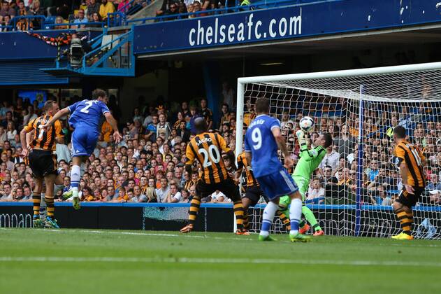 Branislav Ivanovic of Chelsea comes close to scoring but is denied by an acrobatic Allan McGregor goalkeeper of Hull City - Chelsea v Hull City - Premier League - Stamford Bridge - London - 18th August 2013 - Pic Charlie Forgham-Bailey Sportimage EDITORIAL USE ONLY. No use with unauthorised audio, video, data, fixture lists, club league logos or live services. Online in-match use limited to 120 images, no video emulation. No use in betting, games or single club league player publications.