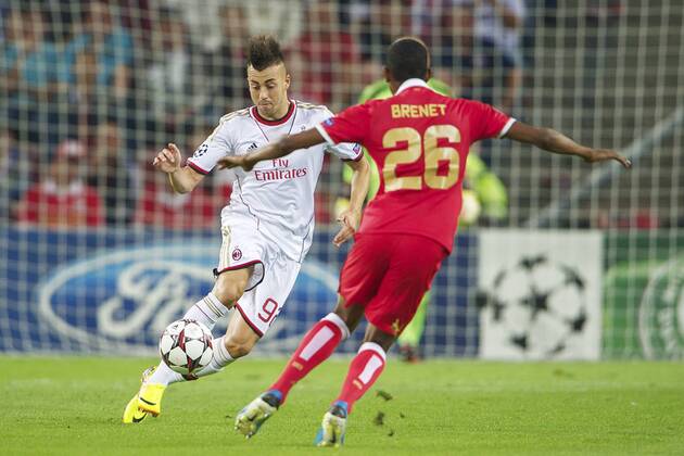 (L-R) Stephan El Shaarawy of AC Milan, Joshua Brenet of PSV during the Champions League qualifier match between PSV and AC Milan at Philips stadium on August 20, 2013 in Eindhoven, The Netherlands. PSV v AC Milan Qualifier Champions League 2013 2014 xVIxxIVx 1739642