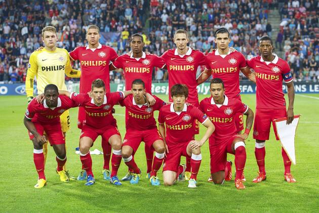 (TL-R) goalkeeper Jeroen Zoet of PSV, Jeffrey Bruma of PSV, Joshua Brenet of PSV, Tim Matavz of PSV, Karim Rekik of PSV, Georginio Wijnaldum of PSV (Front row L-R) Jetro Willems of PSV, Stijn Schaars of PSV, Georginio Wijnaldum of PSV, Ji-Sung Park of PSV, Memphis Depay of PSV Eindhoven Qualifier Champions League 2013 2014 xVIxxIVx 1739634