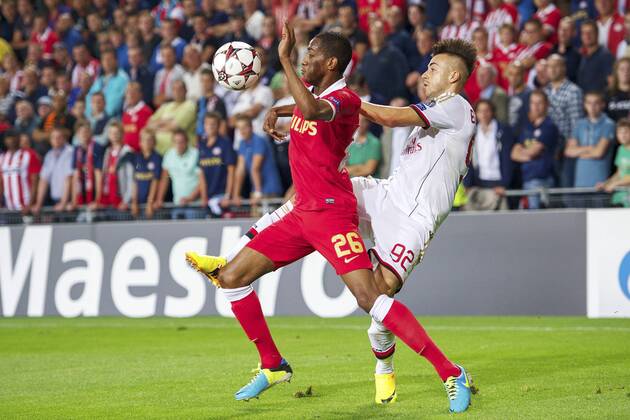 (L-R) Joshua Brenet of PSV, Stephan El Shaarawy of AC Milan during the Champions League qualifier match between PSV and AC Milan at Philips stadium on August 20, 2013 in Eindhoven, The Netherlands. PSV v AC Milan Qualifier Champions League 2013 2014 xVIxxIVx 1739675