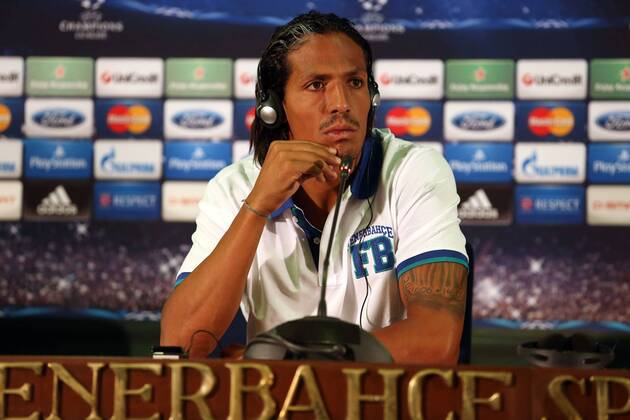Bruno Alves of Fenerbahce Football Club attends a press conference ahead of their UEFA Chanpions League playoff first leg match against Arsenal in Istanbul 20.08.2013 