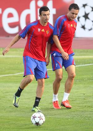 20.08.2013 Sofia(Bulgaria) Behrang Safari(L) and David Degen(r)d at FC Basel training on Vasil Levski national stadium day before UEFA Champions League play off match against PFC Ludogorets :Stringer 